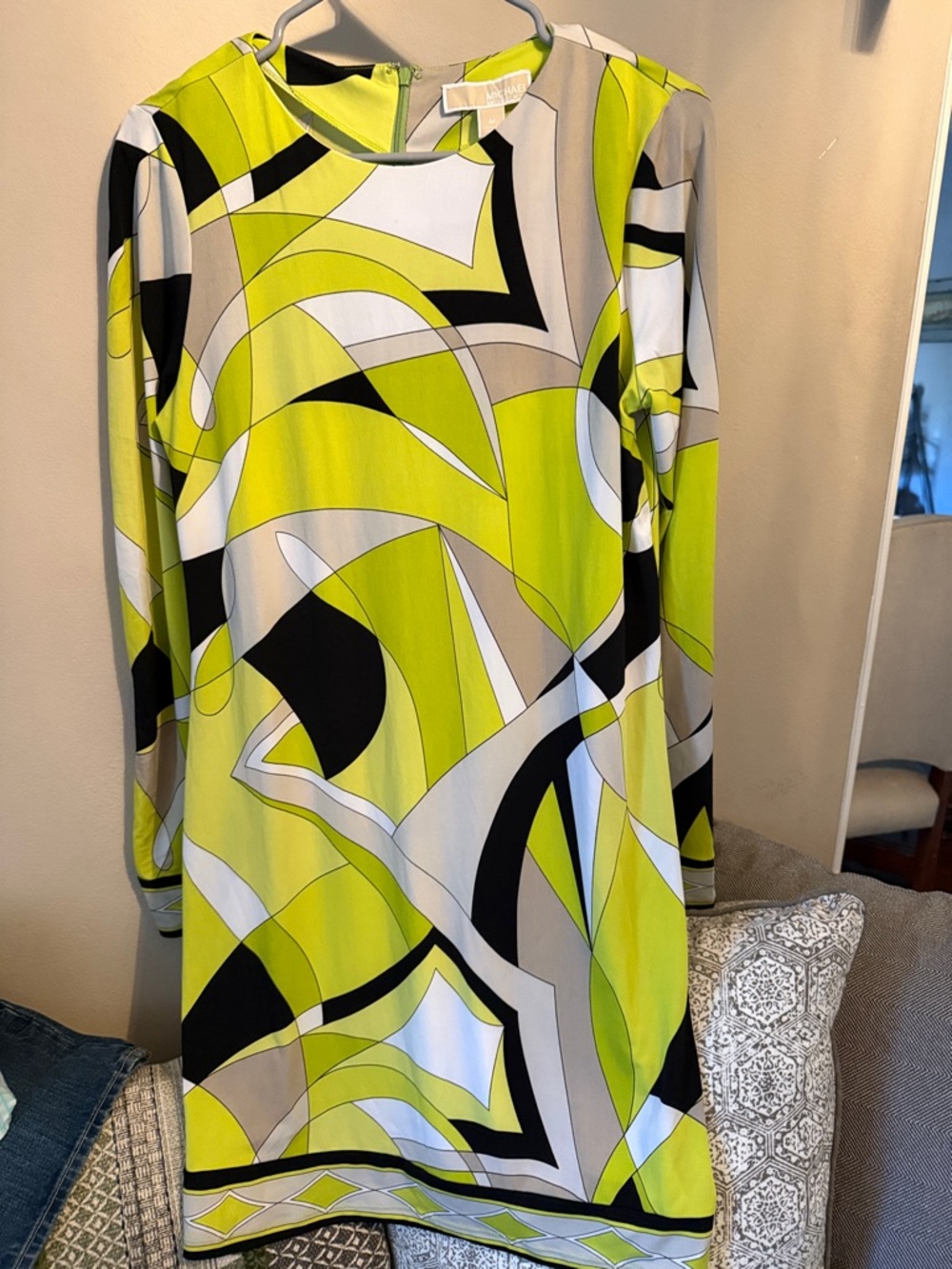 Michael Kors Abstract Lime Green and Black Long Sleeve Shift Dress